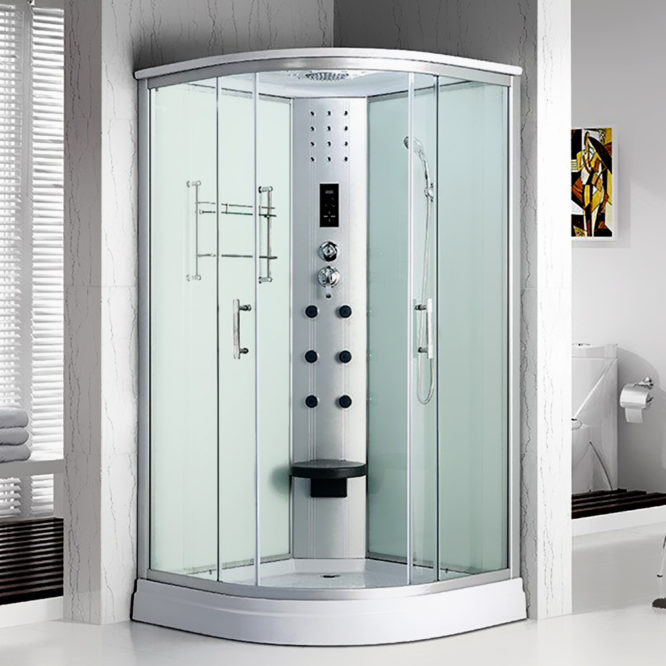 乾濕分離淋浴模組100x100白鏡面玻璃豪華型整體淋浴房淋浴艙，電腦控制頂噴側噴椅座LED燈平底缸頂蓋 BS2045