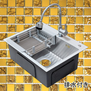 55*43美式廚房大型單槽SUS304不鏽鋼，下水零件瀝水籃皂液器島型龍頭黃金瓷磚套裝。 WS354A