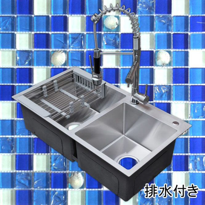 78*43美式廚房超大型左右雙槽SUS304不鏽鋼，下水零件瀝水籃皂液器島型龍頭水藍瓷磚套裝。 WS374A